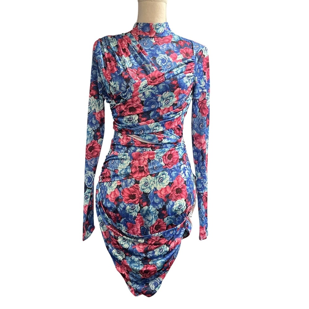 Lover and Friends Dress Blue Pink Floral Ruched  Fitted Jersey Knit Size 2 Event